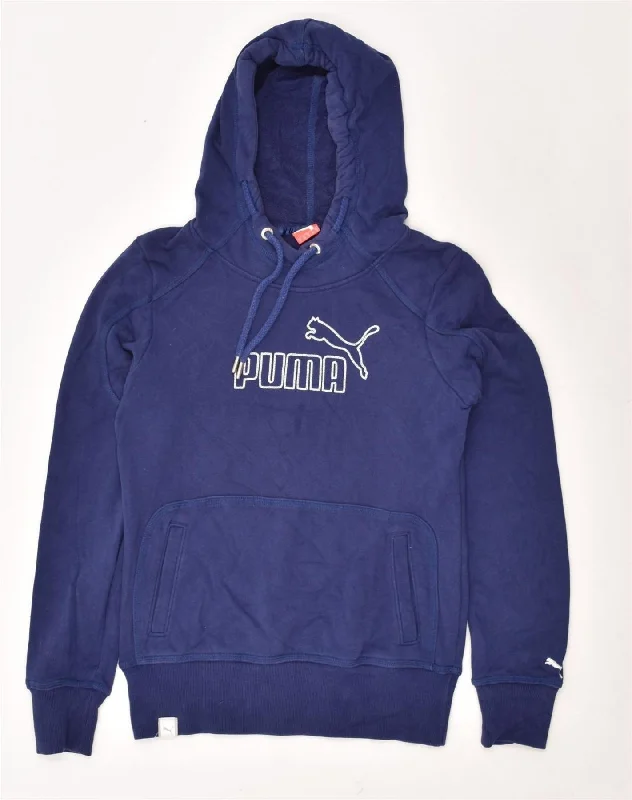 PUMA Womens Graphic Hoodie Jumper UK 10 Small Navy Blue Cotton Hoodie with Rolled Sleeves Casual Relaxed