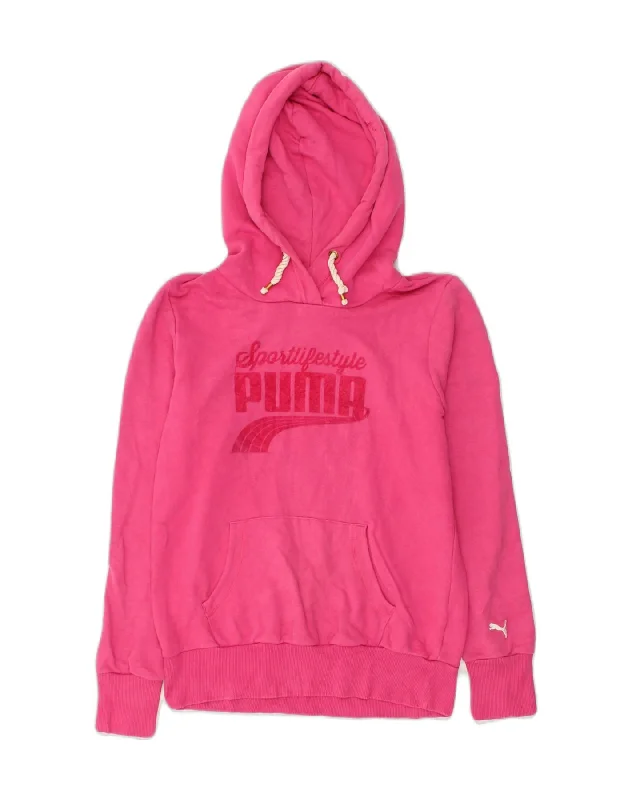 PUMA Womens Graphic Hoodie Jumper UK 12 Medium Pink Hoodie with Emblem Brand Identity