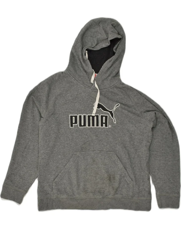 PUMA Womens Graphic Hoodie Jumper UK 14 Large Grey Hoodie with Frayed Bohemian Relaxed