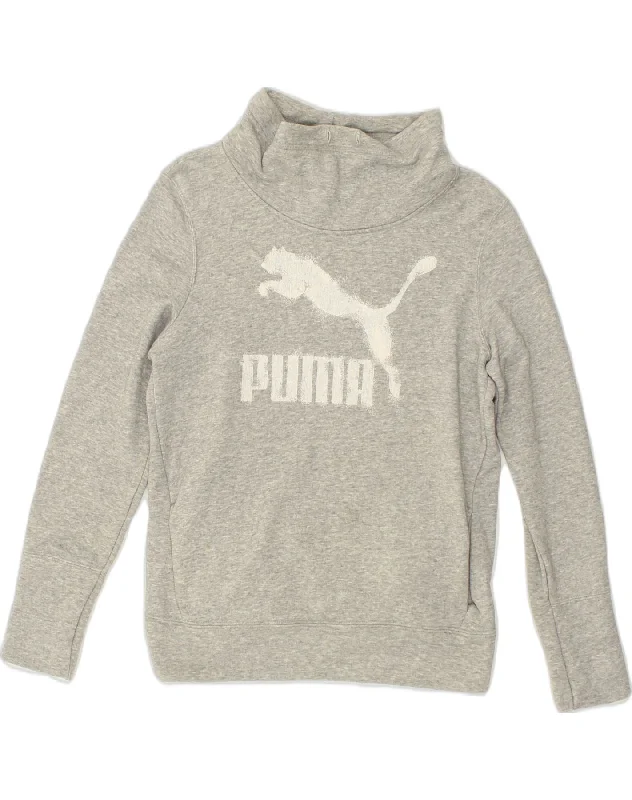 PUMA Womens Graphic Roll Neck Sweatshirt Jumper UK 12 Medium Grey Cotton Hoodie with Thumb Holes Functional Cozy PUMA Womens Graphic Roll Neck Sweatshirt Jumper UK 12 Medium Grey Cotton Hoodie with Thumb Holes Functional Cozy