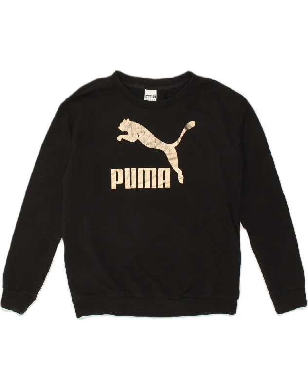 PUMA Womens Graphic Sweatshirt Jumper UK 16 Large Black Cotton Hoodie with Zipper Versatile Modern