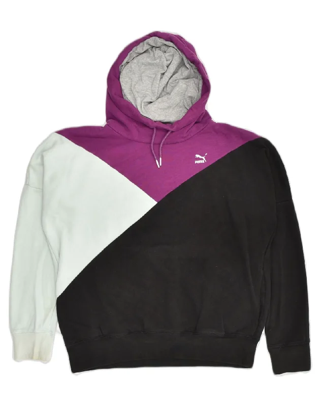 PUMA Womens Hoodie Jumper UK 14 Large  Black Colourblock Cotton Hoodie with Stripes Bold Sporty