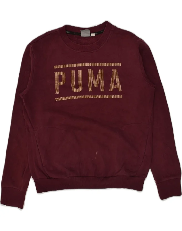 PUMA Womens Oversized Graphic Sweatshirt Jumper UK 10 Small Burgundy Hoodie with Hem Patch Decorative Personalized PUMA Womens Oversized Graphic Sweatshirt Jumper UK 10 Small Burgundy Hoodie with Hem Patch Decorative Personalized