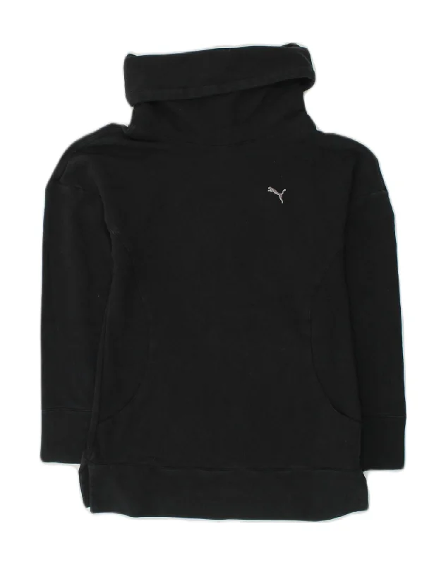 PUMA Womens Roll Neck Sweatshirt Jumper UK 8 Small Black Cotton Hoodie with Applique Textured Unique