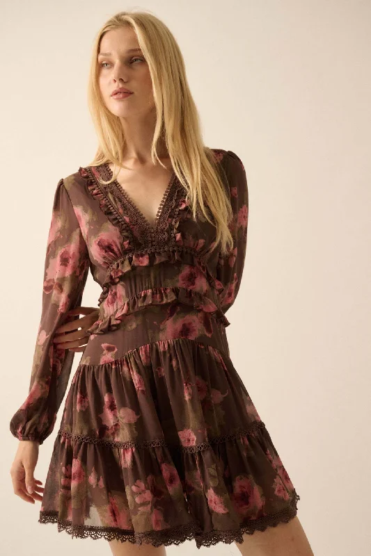 Rambling Rose Floral Ruffled Lace-Trim Mini Dress Trendy Button-Detail Mini Dress