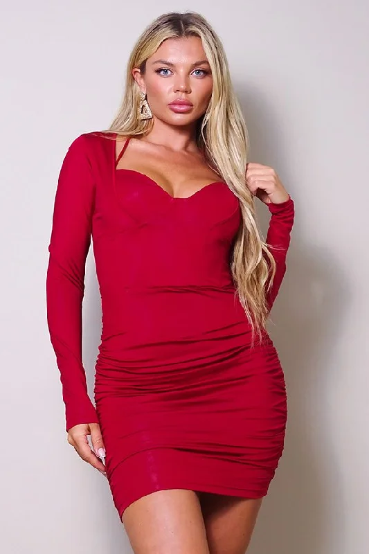 Red Long Sleeve Corset Bodycon Ruched Mini Dress Fashionable Button-Front Mini Dress