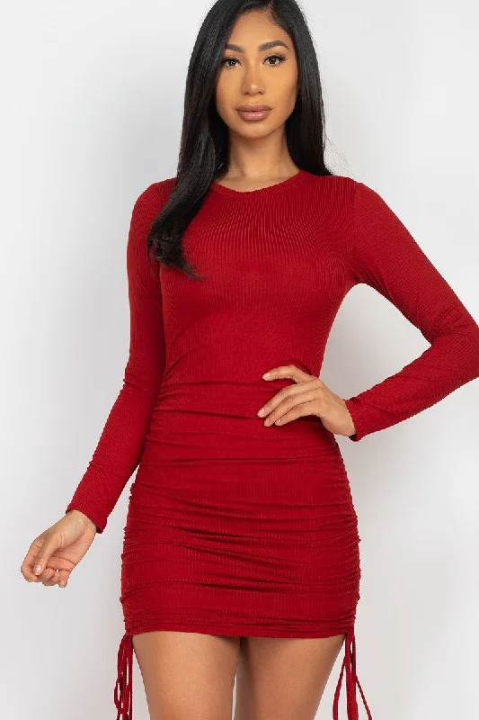 Wine Ruched Drawstring Rib Knit Long Sleeve Mini Dress Stylish Spaghetti Strap Mini Dress