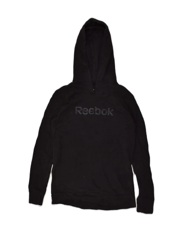 REEBOK Womens Graphic Hoodie Jumper UK 18 XL Black Cotton Hoodie with Bell Sleeves Flared Feminine REEBOK Womens Graphic Hoodie Jumper UK 18 XL Black Cotton Hoodie with Bell Sleeves Flared Feminine