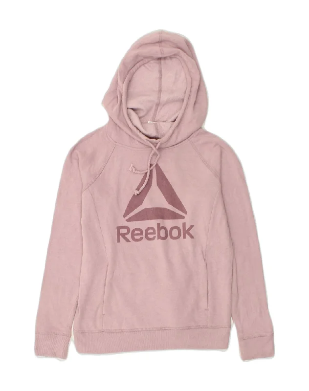 REEBOK Womens Graphic Hoodie Jumper UK 6 XS Pink Cotton Hoodie with Rhinestones Sparkly Elegant