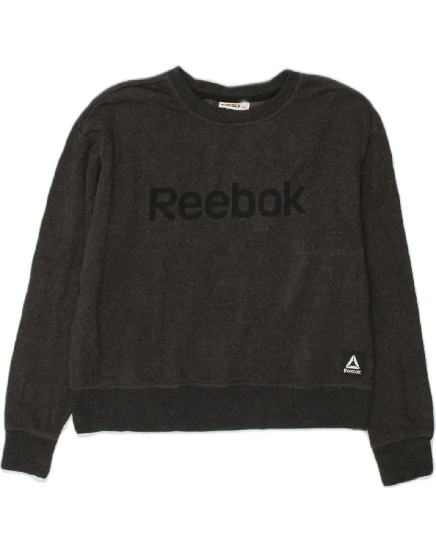 REEBOK Womens Graphic Sweatshirt Jumper UK 10 Small Grey Cotton Hoodie with Exposed Zipper Edgy Industrial