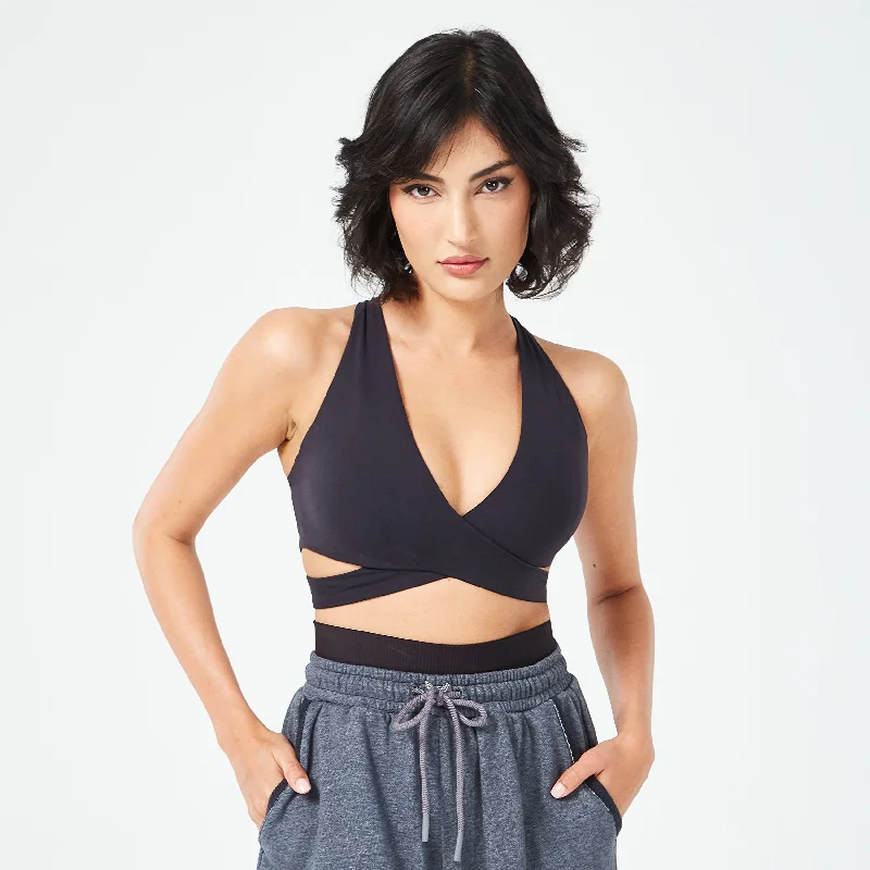 Retrograde Criss Cross Bra Top - Black Seamless Sports Bra