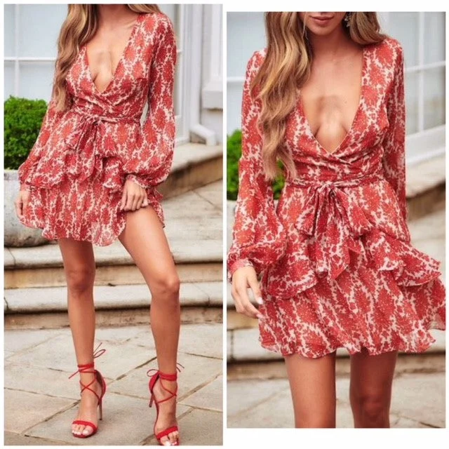 Sexy Floral Printed Ruffle Tiered Skirt Mini Dress Womens Cockail Party Elegant Vintage Mini Dress