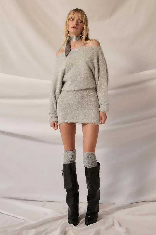 Snow Bunny Metallic Fuzzy Knit Boatneck Mini Dress Trendy Mesh Mini Dress