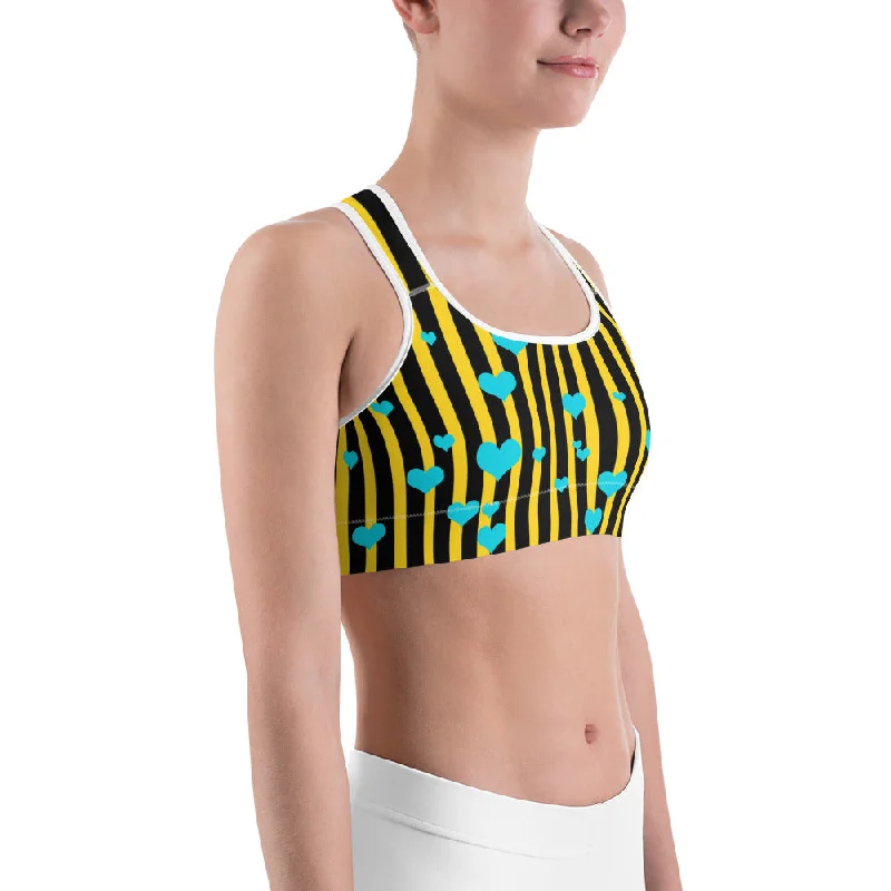 Bee Striped Women's Sports Bra, Vertically Stripes w/ Hearts Print Yoga Bra- Made in USA/ EU High-Cut Bra Design