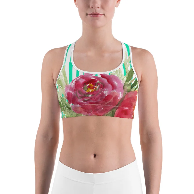 Red Floral Unpadded Sports Bra, Flower Print Colorful Vertical Stripe Women's Sports Bra - Made in USA Soft Support Bra