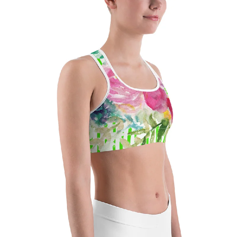 Pink Floral Sports Bra, Green Pink Colorful Floral Print Women's Gym Bra-Made in USA/EU Soft Mesh Bra