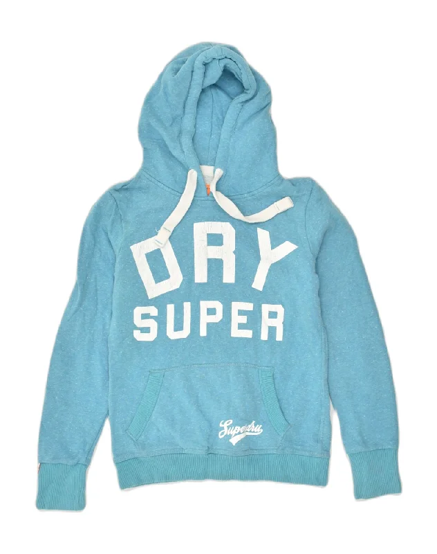 SUPERDRY Womens Graphic Hoodie Jumper UK 10 Small Blue Cotton Hoodie with Slit Hem Functional Movement