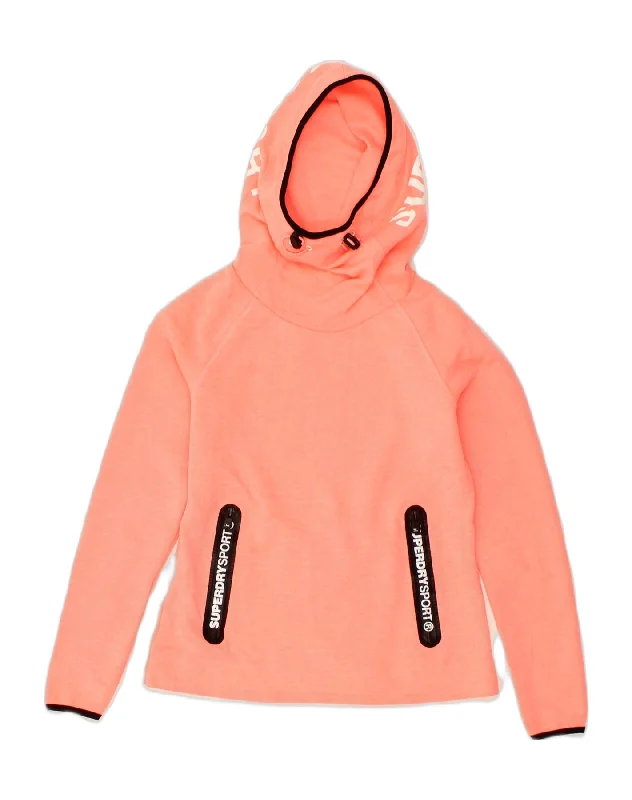 SUPERDRY Womens Graphic Hoodie Jumper UK 10 Small Orange Polyester Hoodie with High Neck Warm Protective