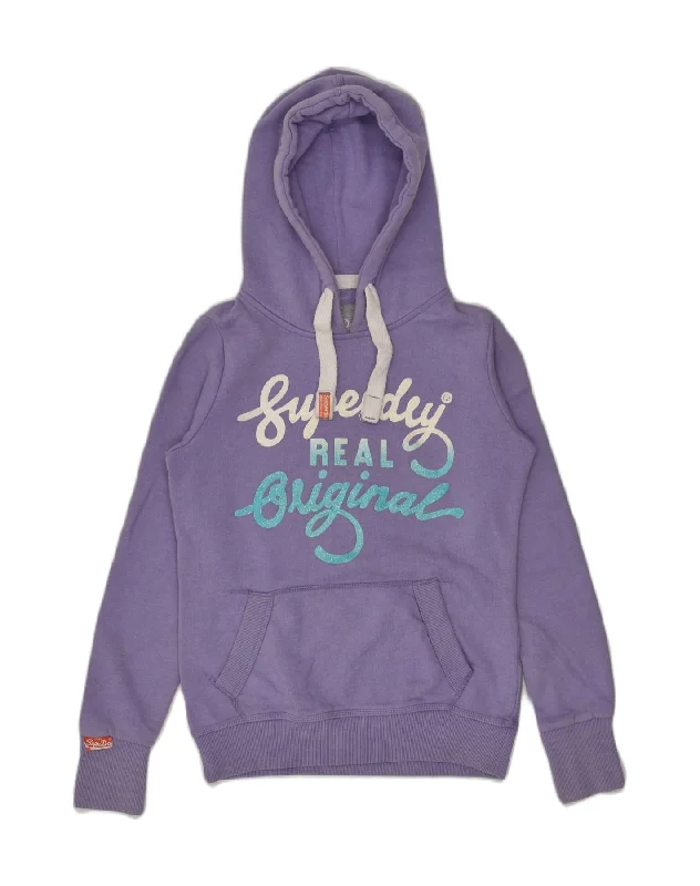 SUPERDRY Womens Graphic Hoodie Jumper UK 10 Small Purple Cotton Hoodie with Lace Feminine Delicate