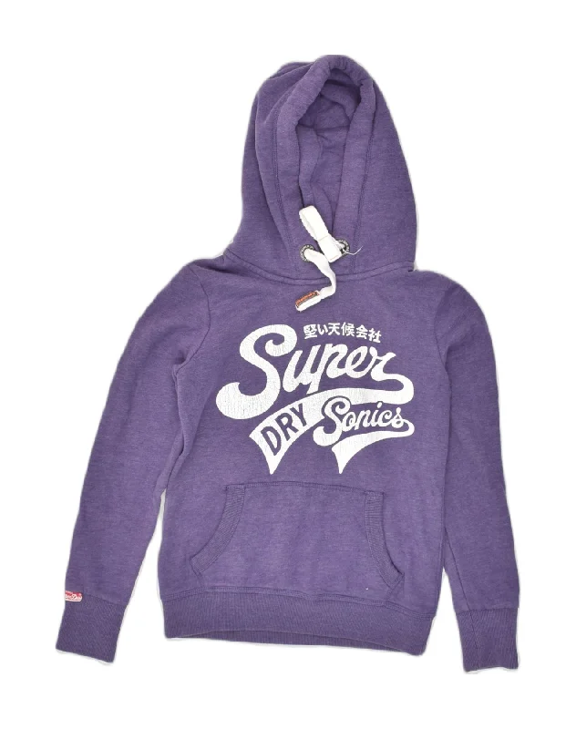 SUPERDRY Womens Graphic Hoodie Jumper UK 10 Small Purple Cotton Hoodie Crop Top Short Trendy