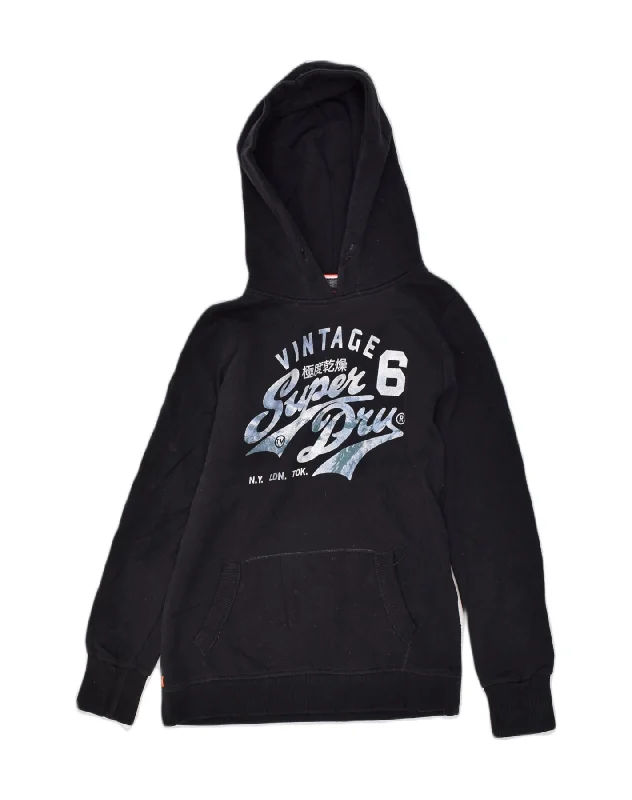 SUPERDRY Womens Graphic Hoodie Jumper UK 12 Medium Black Cotton Hoodie with Button Placket Classic Preppy SUPERDRY Womens Graphic Hoodie Jumper UK 12 Medium Black Cotton Hoodie with Button Placket Classic Preppy