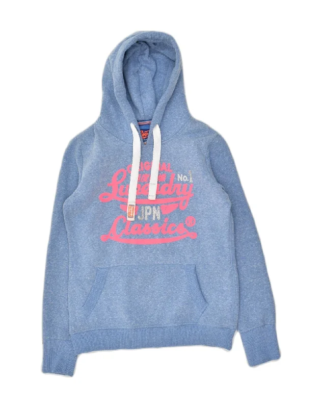 SUPERDRY Womens Graphic Hoodie Jumper UK 12 Medium Blue Polyester Hoodie with Hem Drawcord Adjustable Customizable