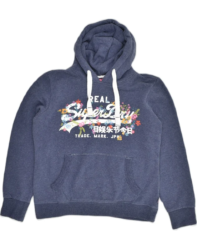 SUPERDRY Womens Graphic Hoodie Jumper UK 14 Large Navy Blue Cotton Hoodie with Hem Fringe Bohemian Relaxed SUPERDRY Womens Graphic Hoodie Jumper UK 14 Large Navy Blue Cotton Hoodie with Hem Fringe Bohemian Relaxed