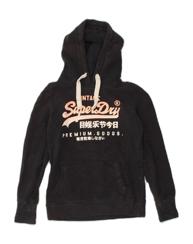 SUPERDRY Womens Graphic Hoodie Jumper UK 14 Medium Black Flecked Cotton Hoodie with Elastic Cuffs Stretchable Comfortable