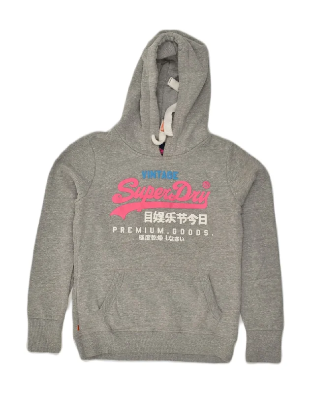 SUPERDRY Womens Graphic Hoodie Jumper UK 14 Medium Grey Cotton Hoodie with Hem Embroidery Detailed Premium SUPERDRY Womens Graphic Hoodie Jumper UK 14 Medium Grey Cotton Hoodie with Hem Embroidery Detailed Premium