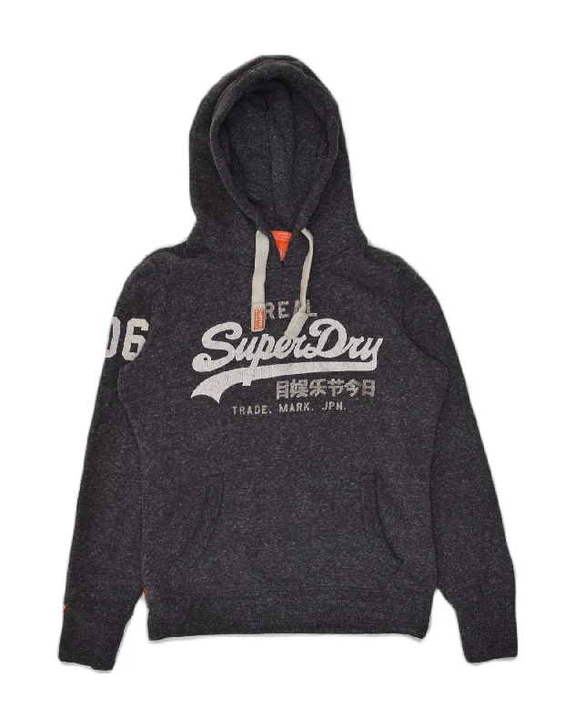 SUPERDRY Womens Graphic Hoodie Jumper UK 14 Medium Navy Blue Polyester Hoodie with Applique Textured Unique