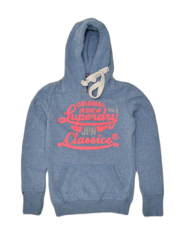 SUPERDRY Womens Graphic Hoodie Jumper UK 2 2XS Blue Polyester Hoodie with Hem Drawcord Adjustable Customizable SUPERDRY Womens Graphic Hoodie Jumper UK 2 2XS Blue Polyester Hoodie with Hem Drawcord Adjustable Customizable