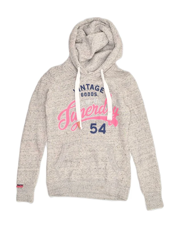 SUPERDRY Womens Graphic Hoodie Jumper UK 2 2XS Grey Cotton Hoodie with Hem Lace Feminine Delicate SUPERDRY Womens Graphic Hoodie Jumper UK 2 2XS Grey Cotton Hoodie with Hem Lace Feminine Delicate