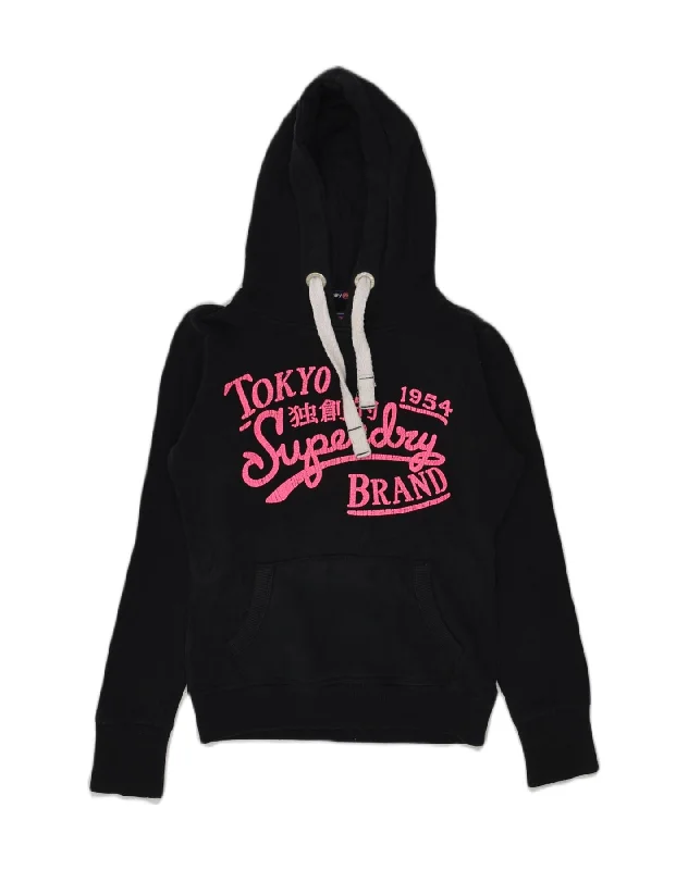 SUPERDRY Womens Graphic Hoodie Jumper UK 6 XS Black Cotton Hoodie with Drop Shoulder Relaxed Streetwear