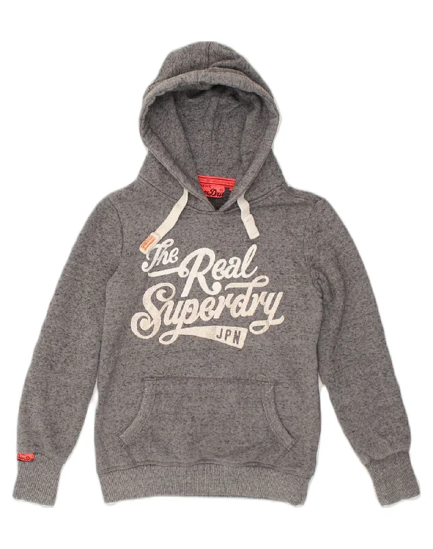 SUPERDRY Womens Graphic Hoodie Jumper UK 6 XS Grey Flecked Cotton Hoodie with Puffed Sleeves Voluminous Trendy