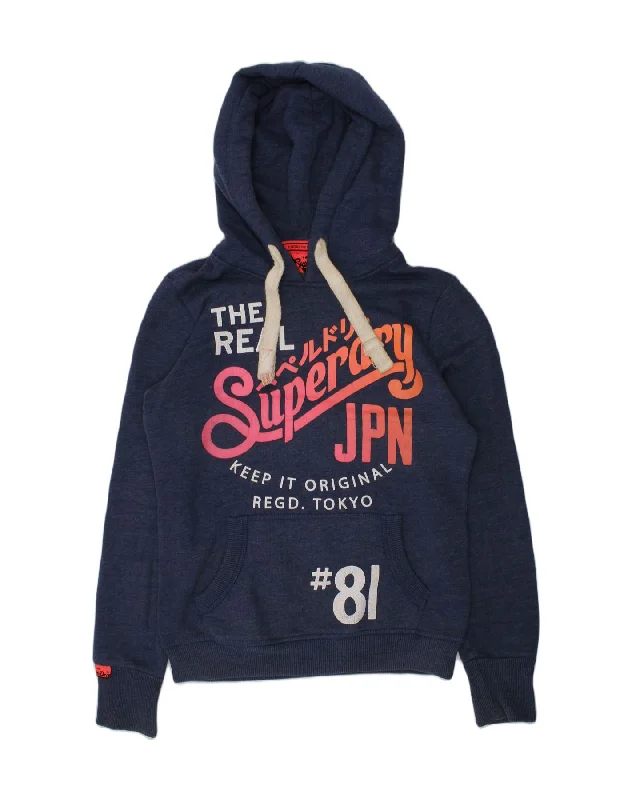 SUPERDRY Womens Graphic Hoodie Jumper UK 6 XS Navy Blue Cotton Hoodie with Velcro Closure Adjustable Secure