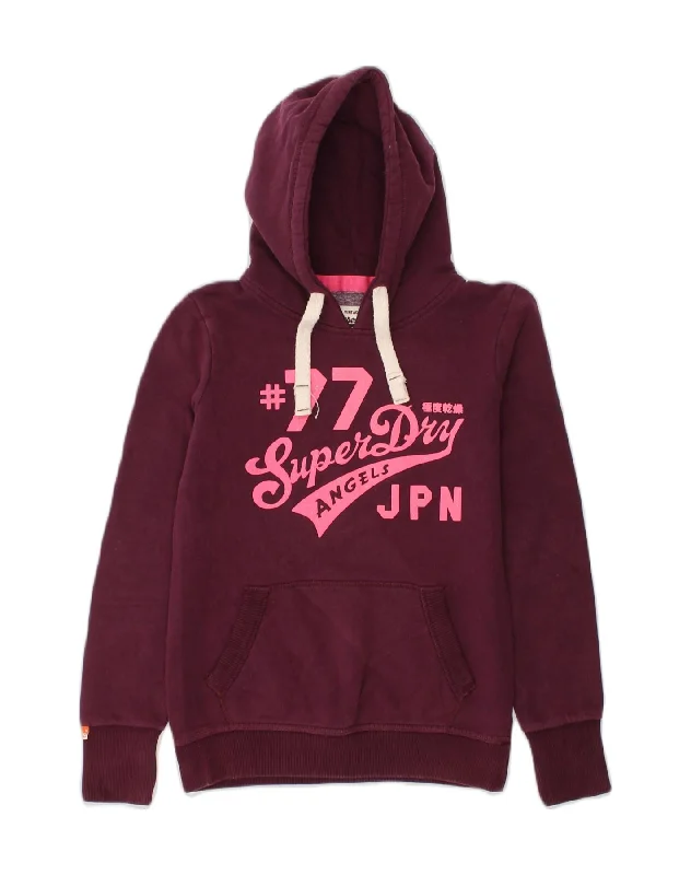 SUPERDRY Womens Graphic Hoodie Jumper UK 8 Small Maroon Cotton Hoodie with Fur Luxurious Winter