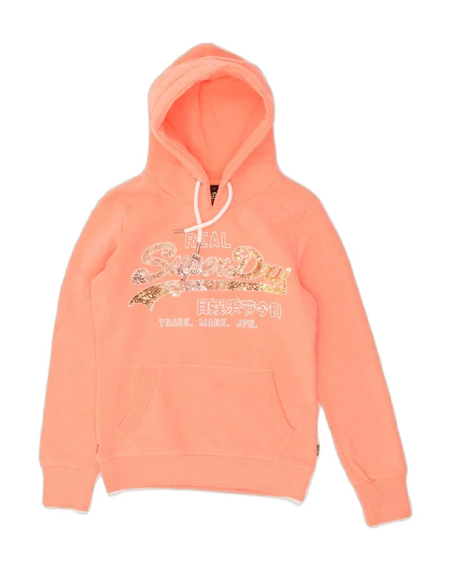 SUPERDRY Womens Graphic Hoodie Jumper UK 8 Small Orange Cotton Hoodie with Metallic Shiny Futuristic