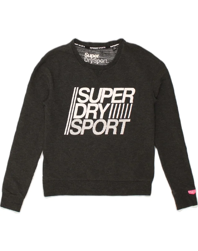 SUPERDRY Womens Graphic Sweatshirt Jumper UK 10 Small Grey Polyester Hoodie with Distressed Vintage Worn