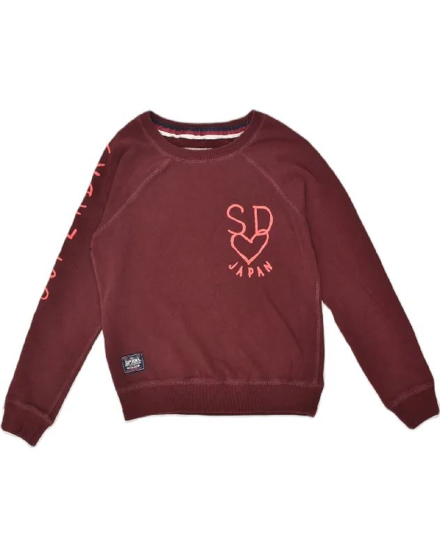 SUPERDRY Womens Graphic Sweatshirt Jumper UK 12 Medium Burgundy Cotton Hoodie with Stripes Bold Sporty