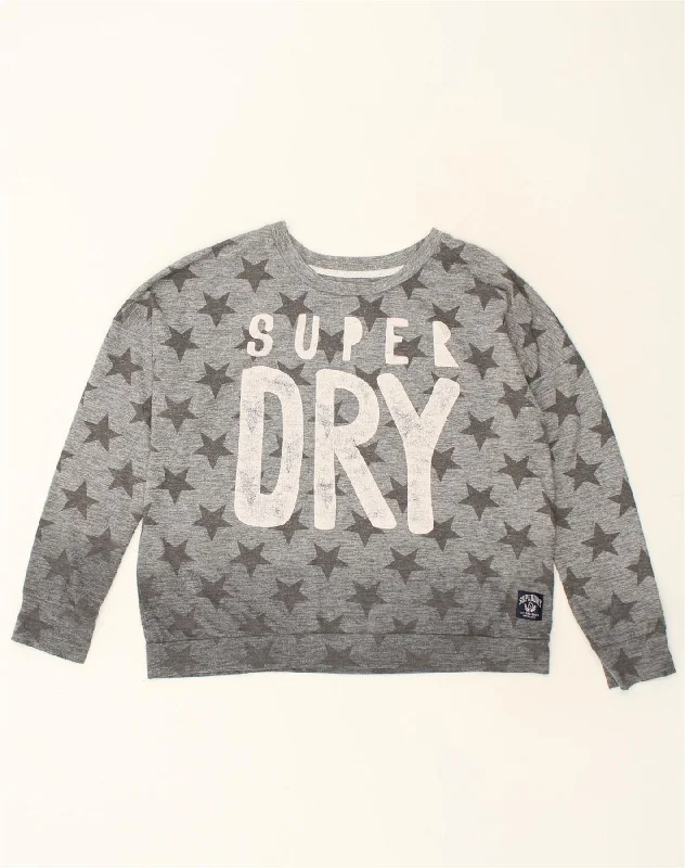 SUPERDRY Womens Graphic Sweatshirt Jumper UK 18 XL Grey Polyester Hoodie with Hem Fringe Bohemian Relaxed SUPERDRY Womens Graphic Sweatshirt Jumper UK 18 XL Grey Polyester Hoodie with Hem Fringe Bohemian Relaxed