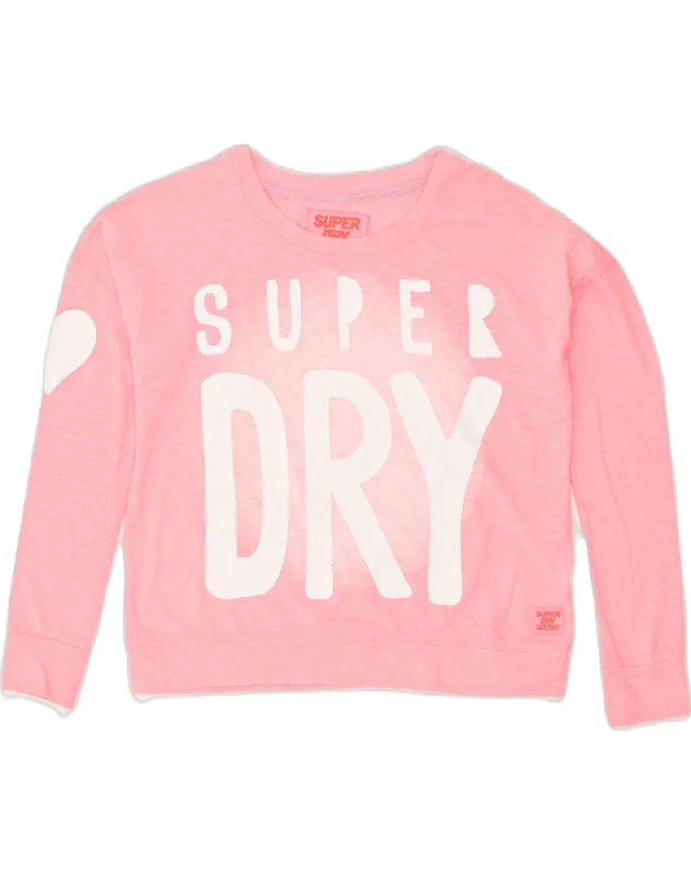 SUPERDRY Womens Graphic Sweatshirt Jumper UK 6 XS Pink Polyester Hoodie with Side Slits Relaxed Casual