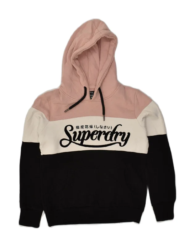 SUPERDRY Womens Heritage Graphic Hoodie Jumper UK 10 Small Black Hoodie with Typography Text Message SUPERDRY Womens Heritage Graphic Hoodie Jumper UK 10 Small Black Hoodie with Typography Text Message