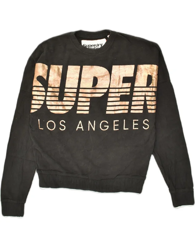 SUPERDRY Womens Oversized Graphic Sweatshirt Jumper UK 10 Small Black Hoodie with Raw Hem Edgy Unfinished