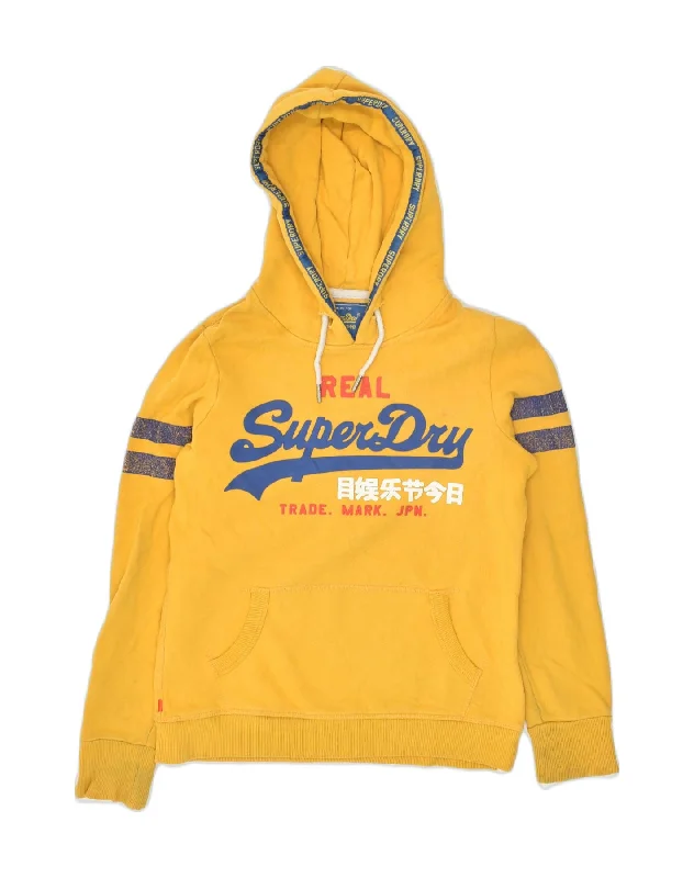 SUPERDRY Womens Real Graphic Hoodie Jumper UK 10 Small Yellow Cotton Hoodie with Back Slit Movement Comfort