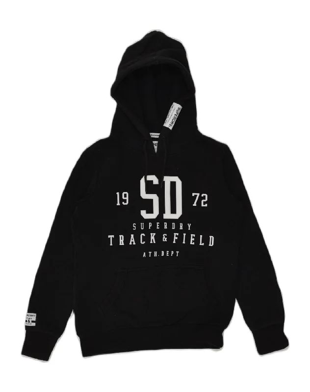 SUPERDRY Womens Track & Field Graphic Hoodie Jumper UK 10 Small Black Hoodie with Patch Decorative Personalized