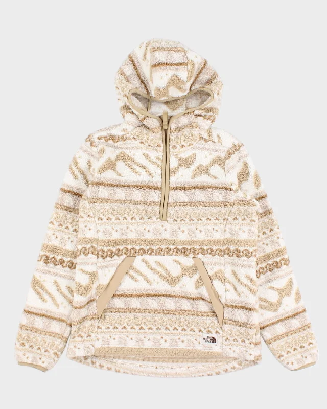 The North Face Beige & White Printed Hooded Fleece - XS Hoodie with Ribbed Neckline Snug Warm