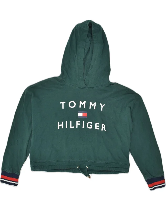 TOMMY HILFIGER Womens Crop Graphic Hoodie Jumper UK 16 Large Green Sports Hoodie with Set-In Sleeves Structured Classic