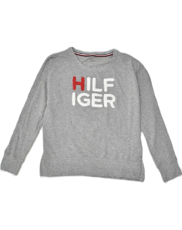 TOMMY HILFIGER Womens Graphic Sweatshirt Jumper UK 10 Small Grey Cotton Hoodie with Hem Detail Decorative Unique TOMMY HILFIGER Womens Graphic Sweatshirt Jumper UK 10 Small Grey Cotton Hoodie with Hem Detail Decorative Unique