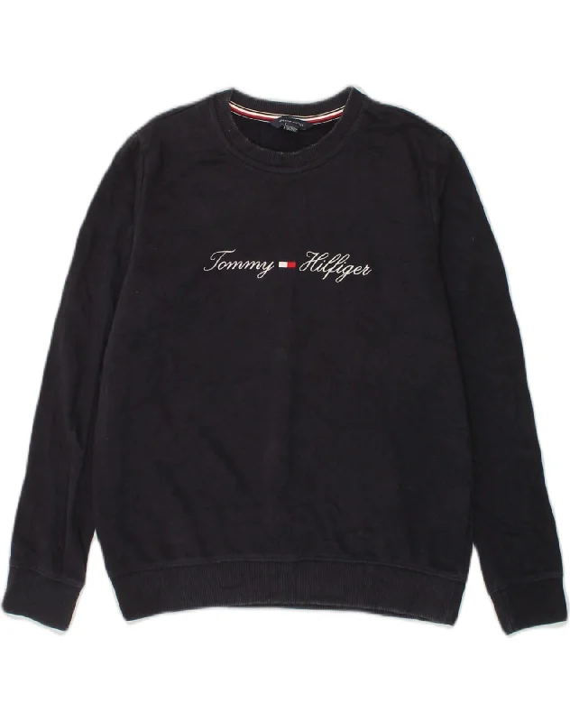 TOMMY HILFIGER Womens Graphic Sweatshirt Jumper UK 6 XS Navy Blue Cotton Hoodie with Oversized Fit Loose Comfortable