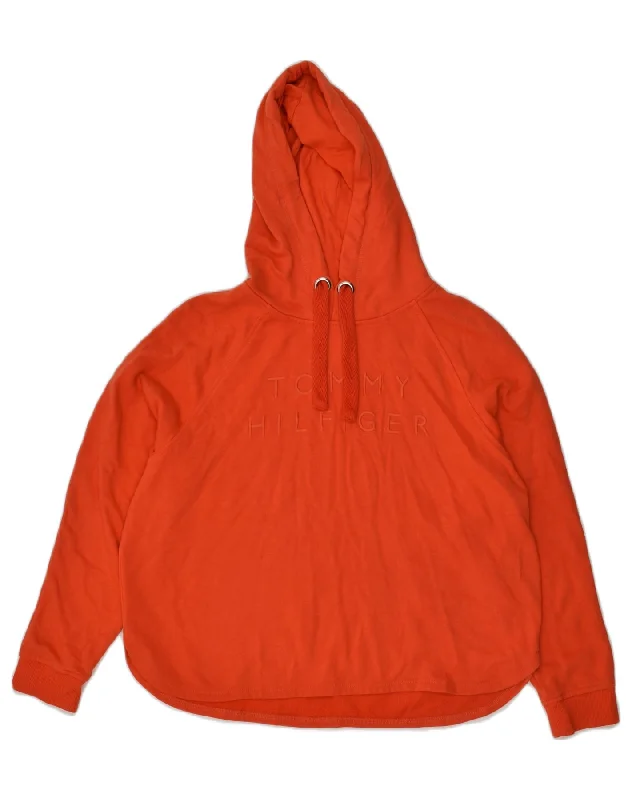 TOMMY HILFIGER Womens Oversized Graphic Hoodie Jumper UK 14 Medium Red Hoodie with Hem Applique Textured Unique